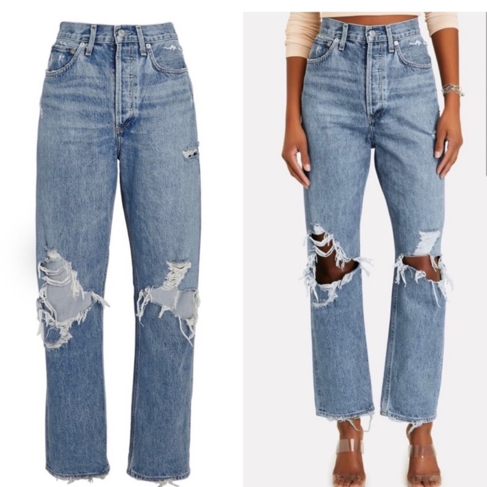 Agolde Blue Straight Leg Jeans Distressed